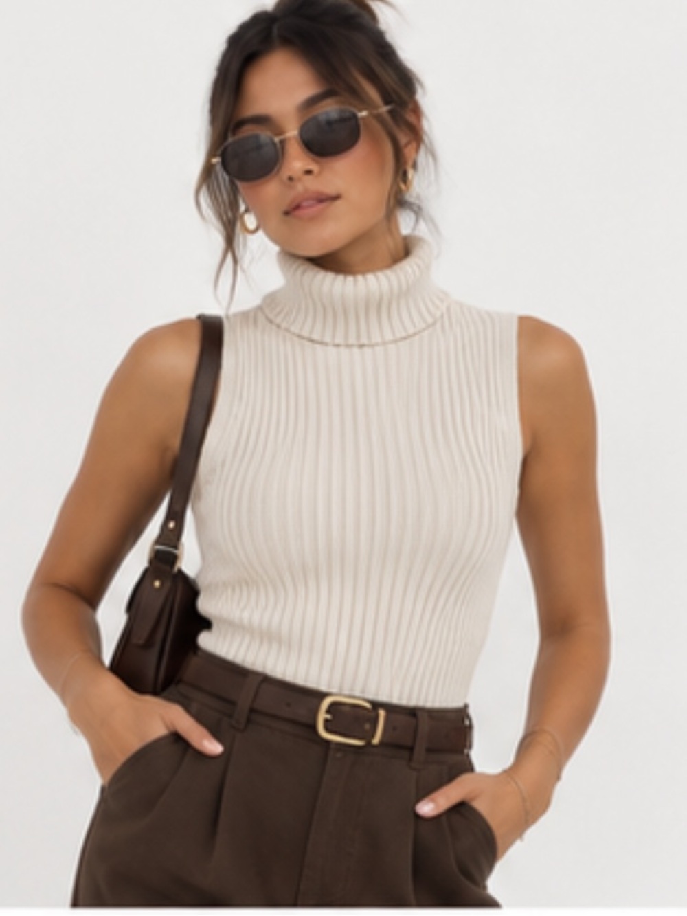 Sleeveless Ribbed Turtleneck Mini Dress in Cream